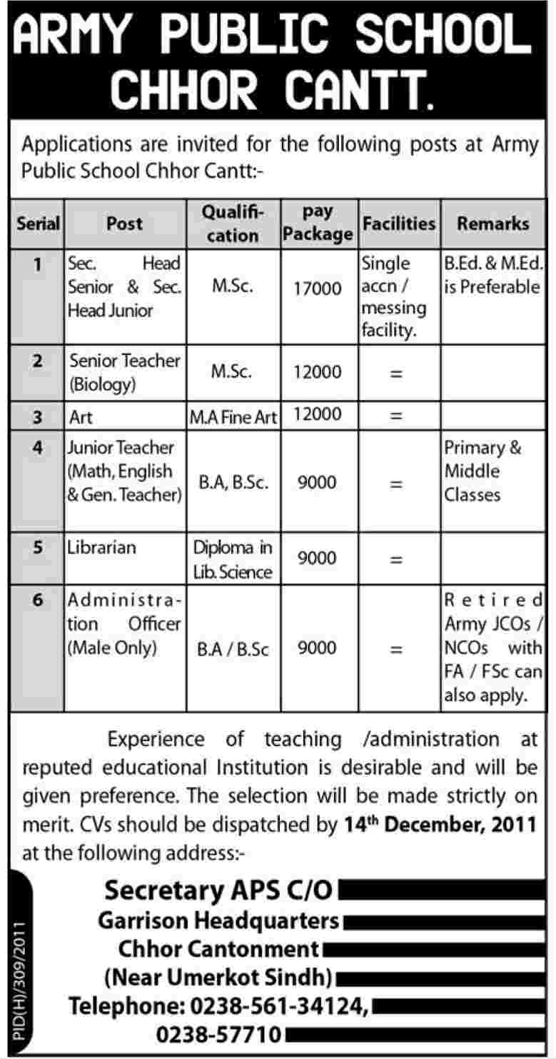 Army Public School Chhor Cantt. Jobs Opportunity