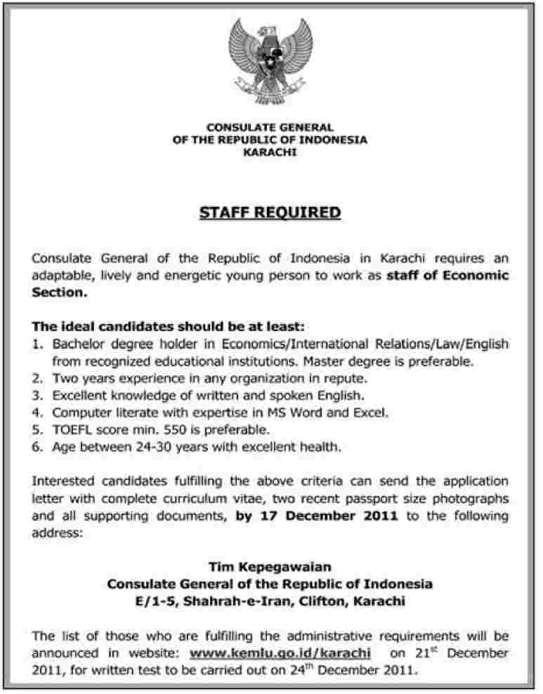 Consulate General of the Republic of Indonesia, Karachi Requires Staff