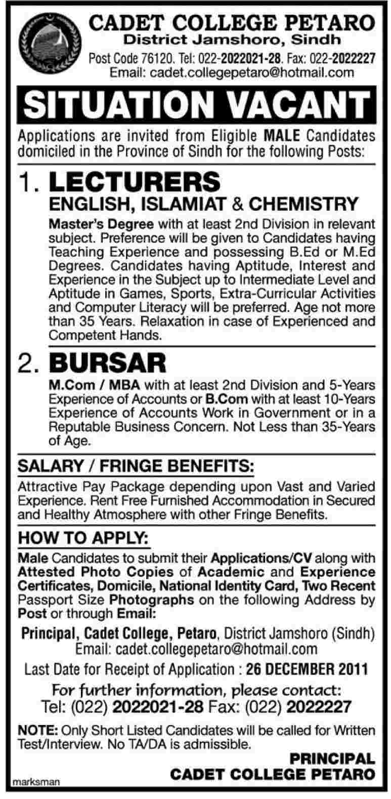 Cadet College Petaro, District Jamshoro, Sindh Job Opportunities