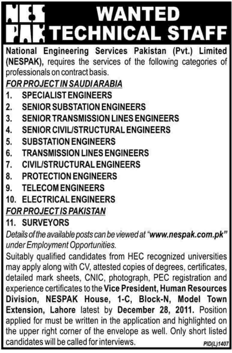 NESPAK Required Technical Staff