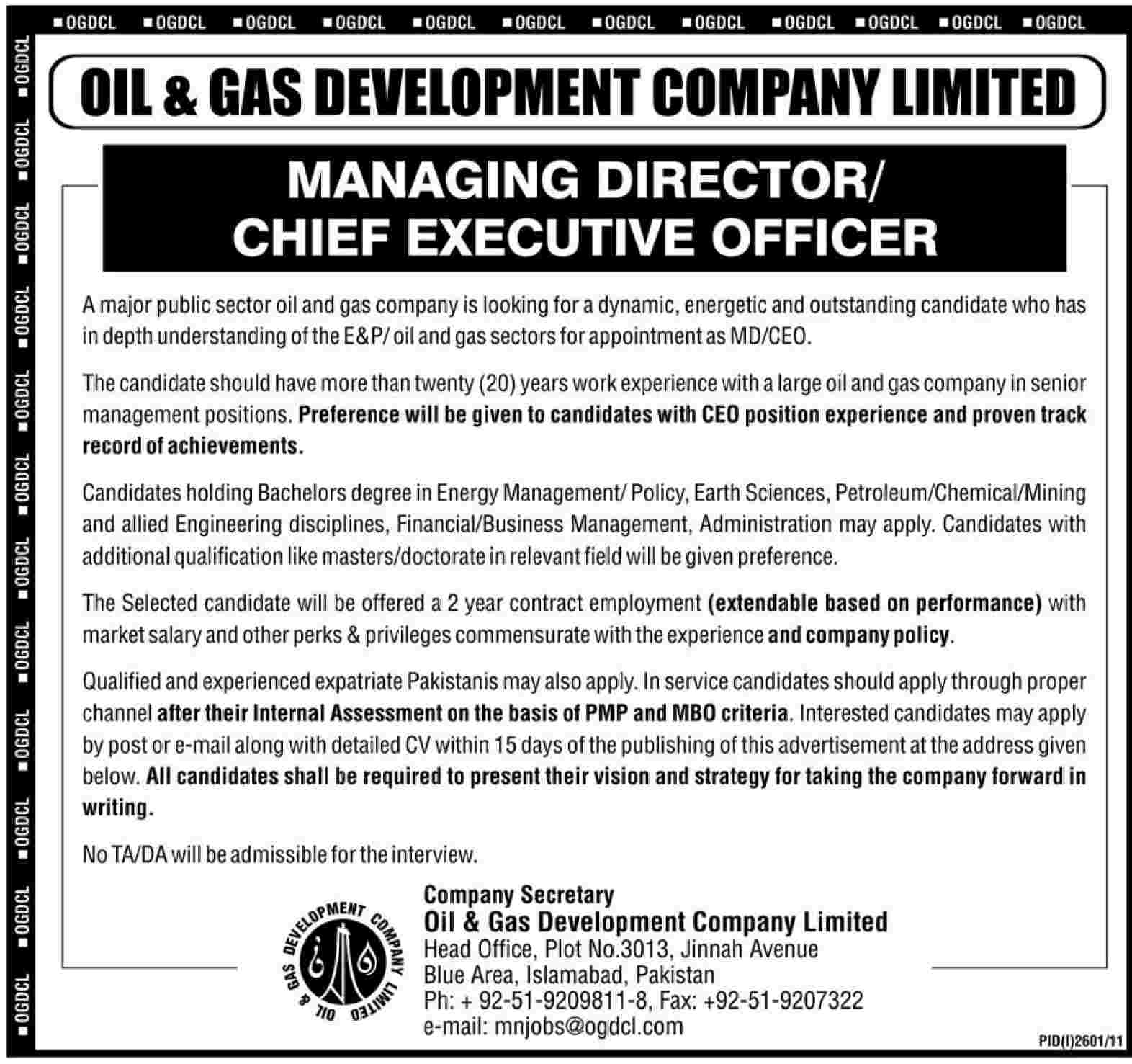 Oil and Gas Development Company Limited Required the Service of Managing Director/Chief Executive Officer