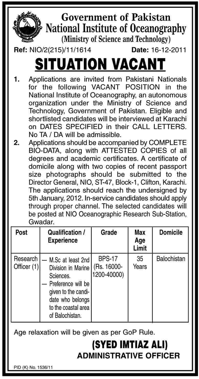 National Institute of Oceanography, Ministry of Science and Technology, Job Opportunity