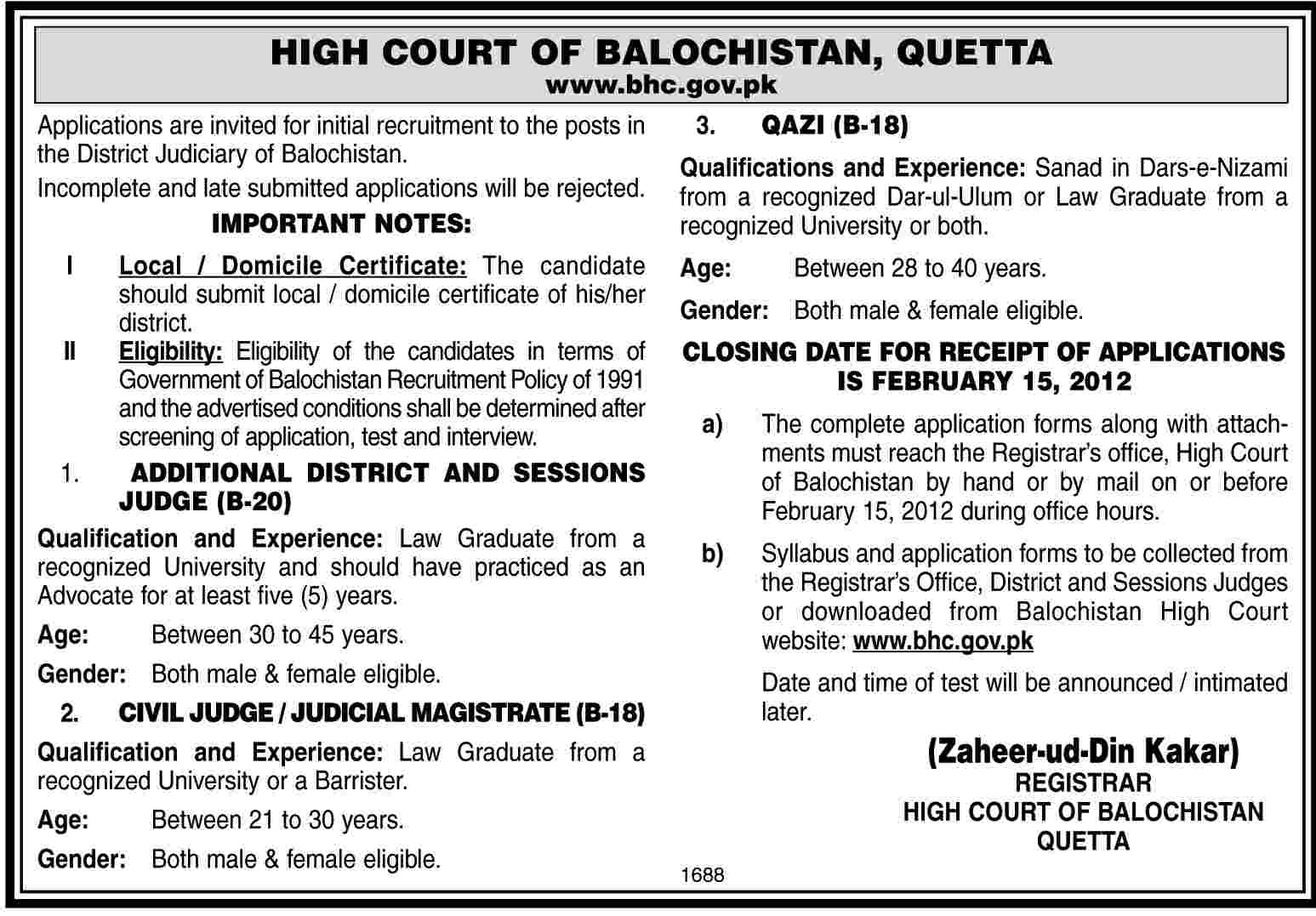 High Court of Balochistan, Quetta Jobs Opportunities