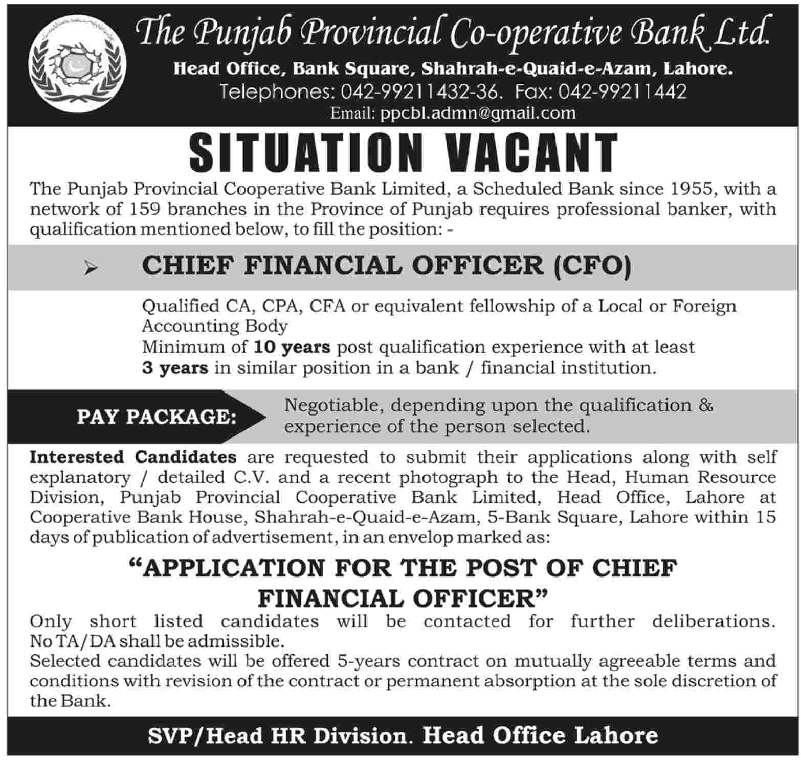 The Punjab Provincial Co-Operative Bank Ltd. Required the Services of Chief Financial Officer (CFO)