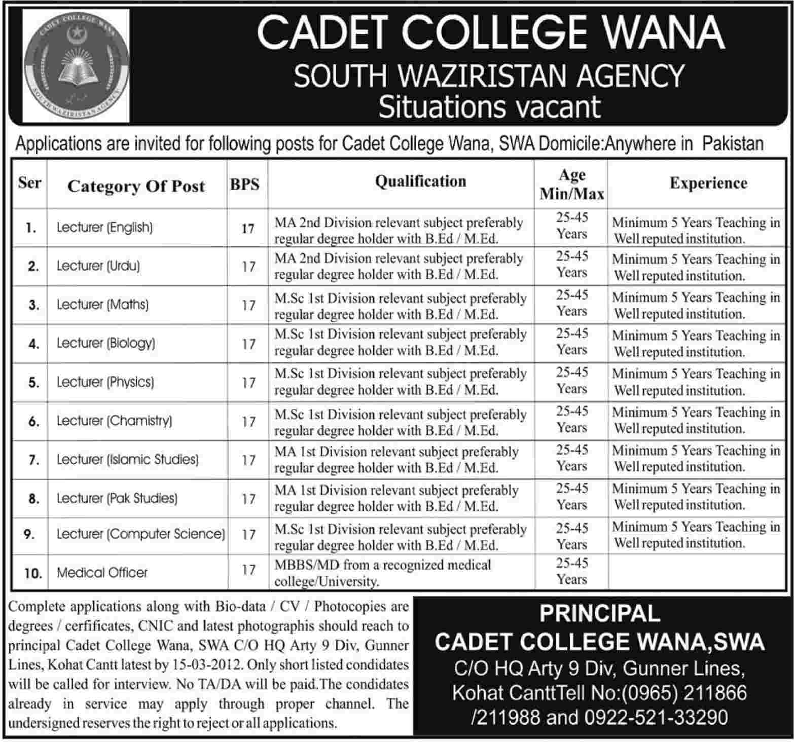 Cadet College Wana, South Waziristan Agency Jobs Opportunities