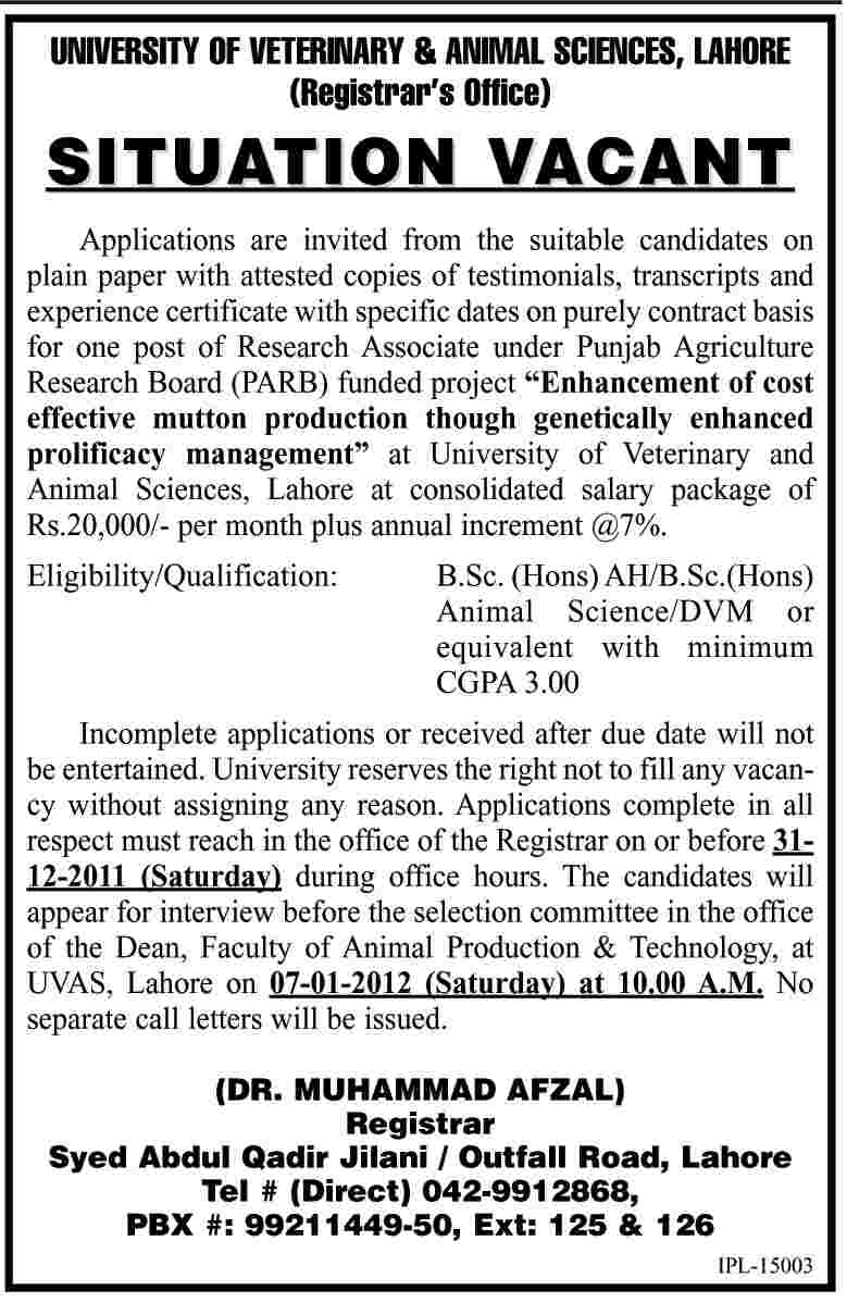 University of Veterinary and Animal Sciences Lahore Required Research Associate