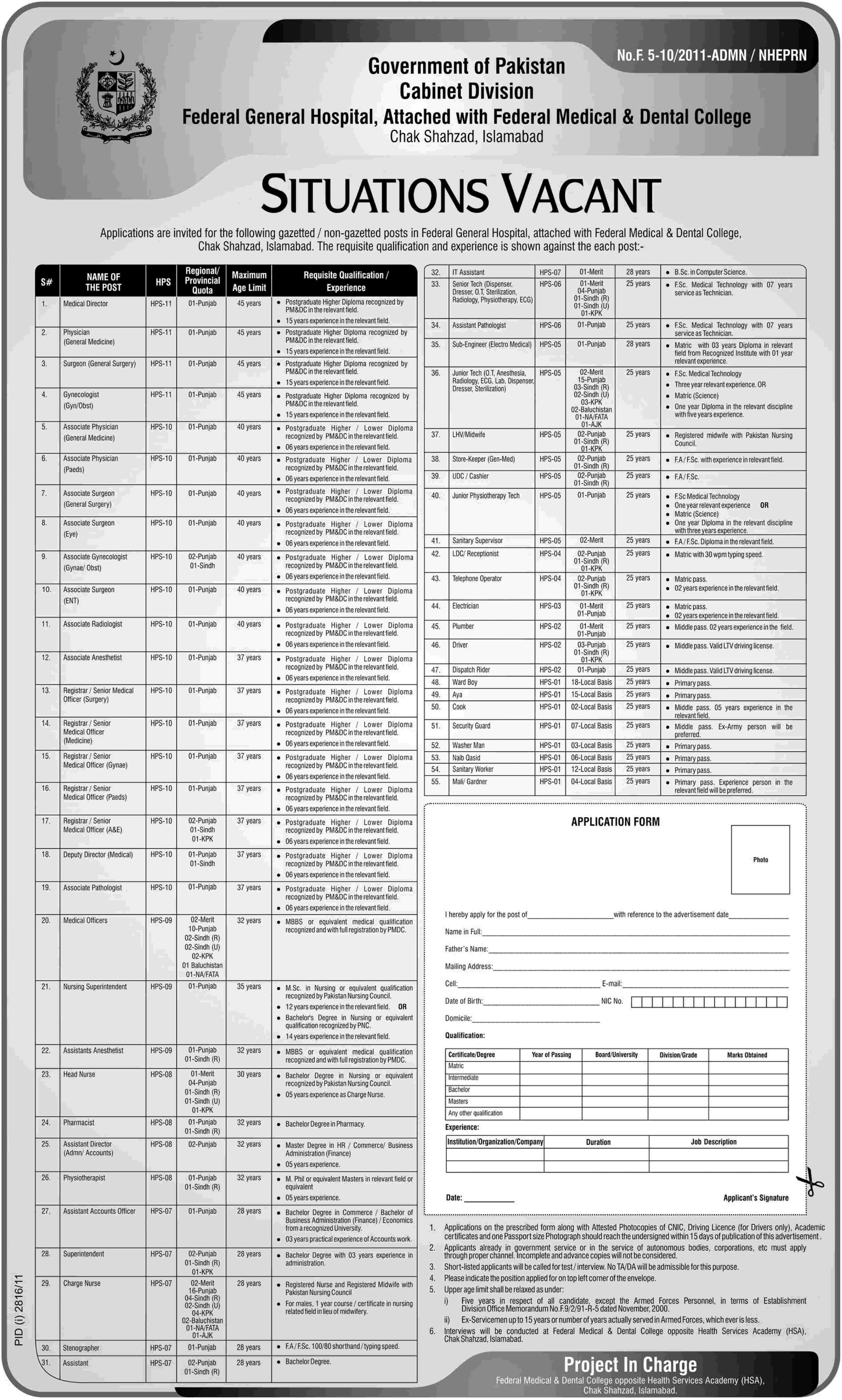 Government of Pakistan,Cabinet Division Federal General Hospital Islamabad Jobs Opportunities