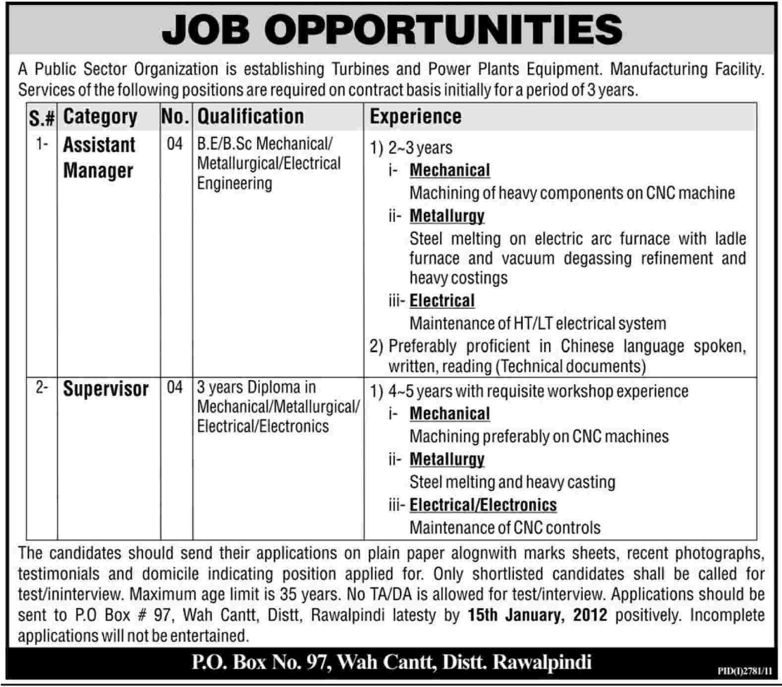 Public Sector Organization Required Assistant Managers and Supervisors