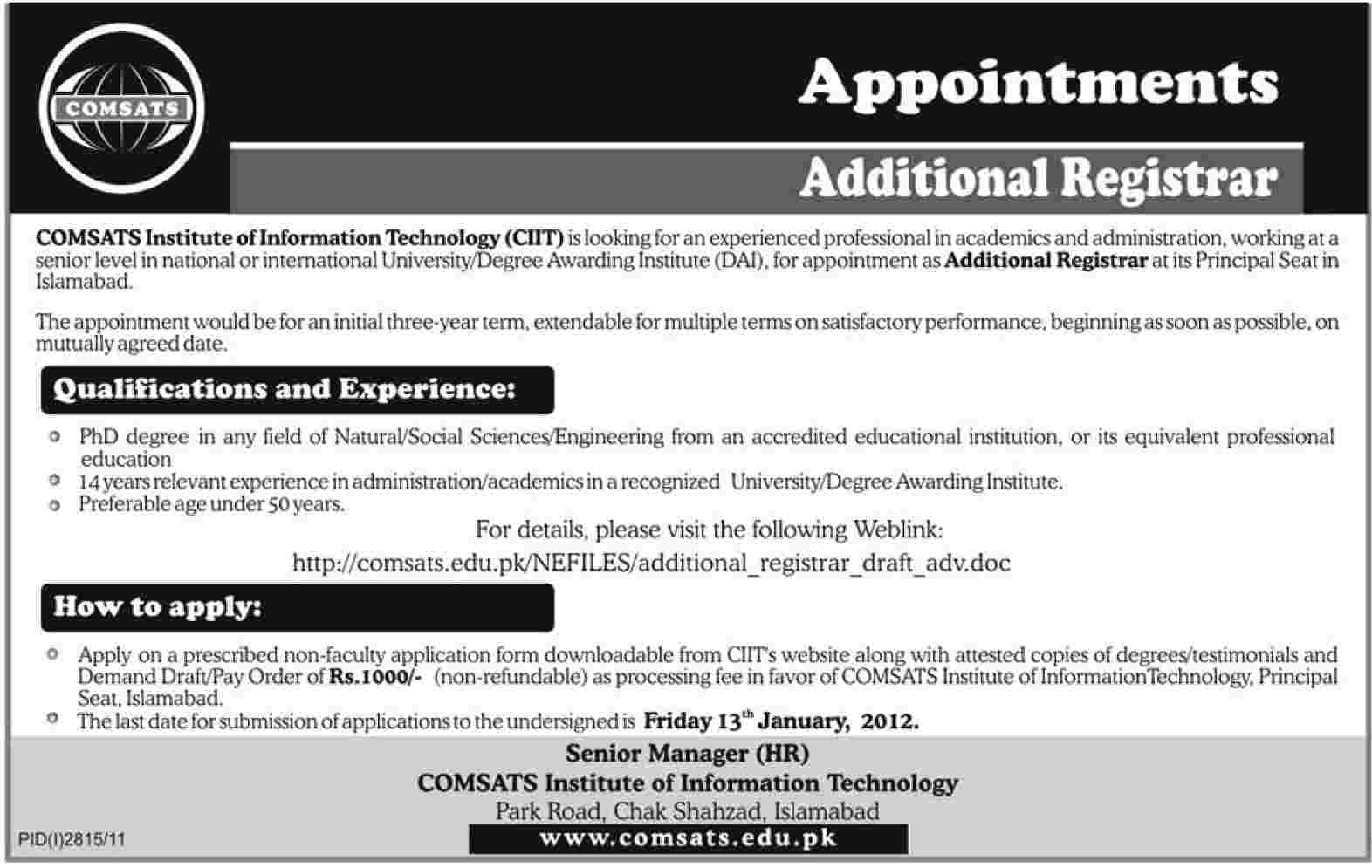COMSATS Islamabad Required the Services of Additional Registrar