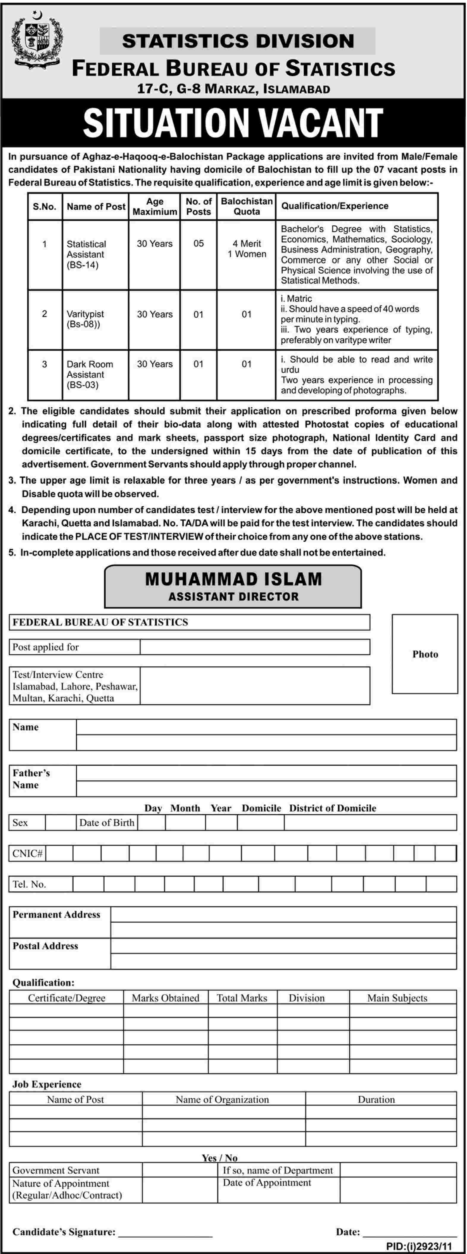 Federal Bureau of Statistics, Statistics Division Islamabad