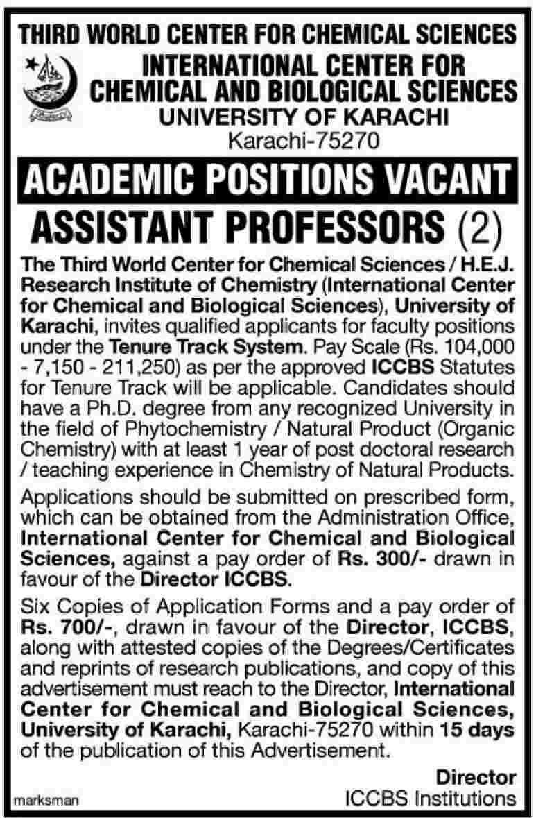 International Center for Chemical and Biological Sciences, University of Karachi Required Assistant Professors