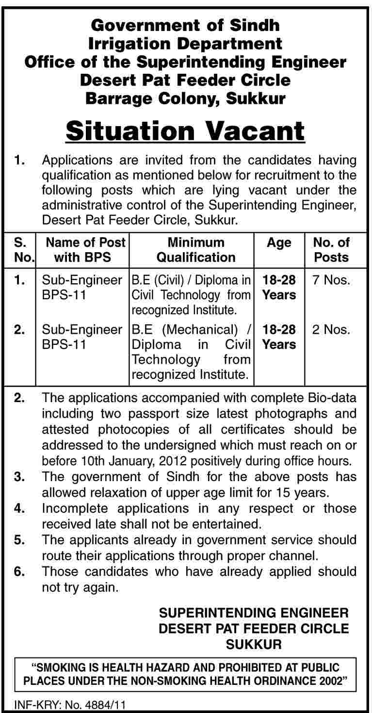 Government of Sindh Irrigation Department Required Sub Engineers