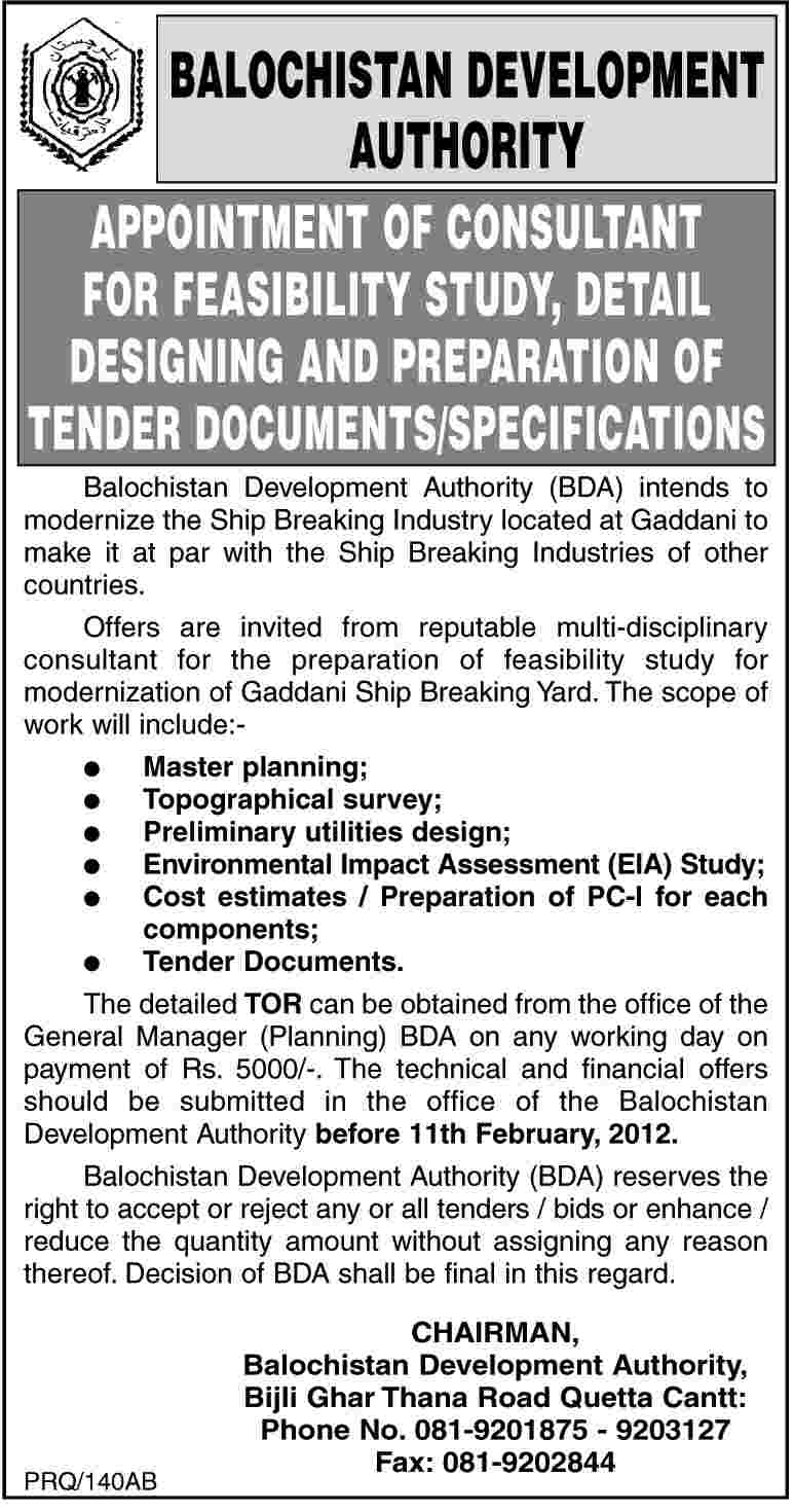 Balochistan Development Authority Required the Services of Consultant