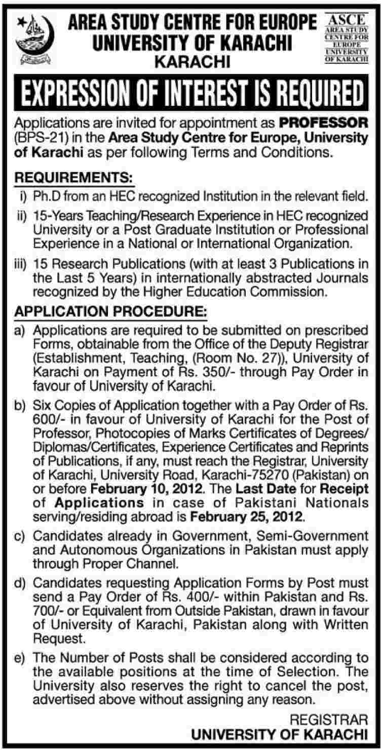 Area Study Centre for Europe, University of Karachi Required Professor