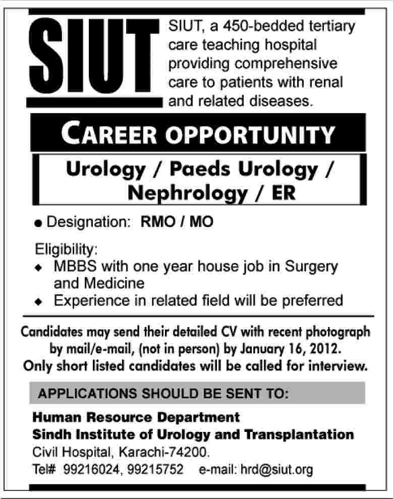 SIUT Hospital Karachi Required RMO/MO