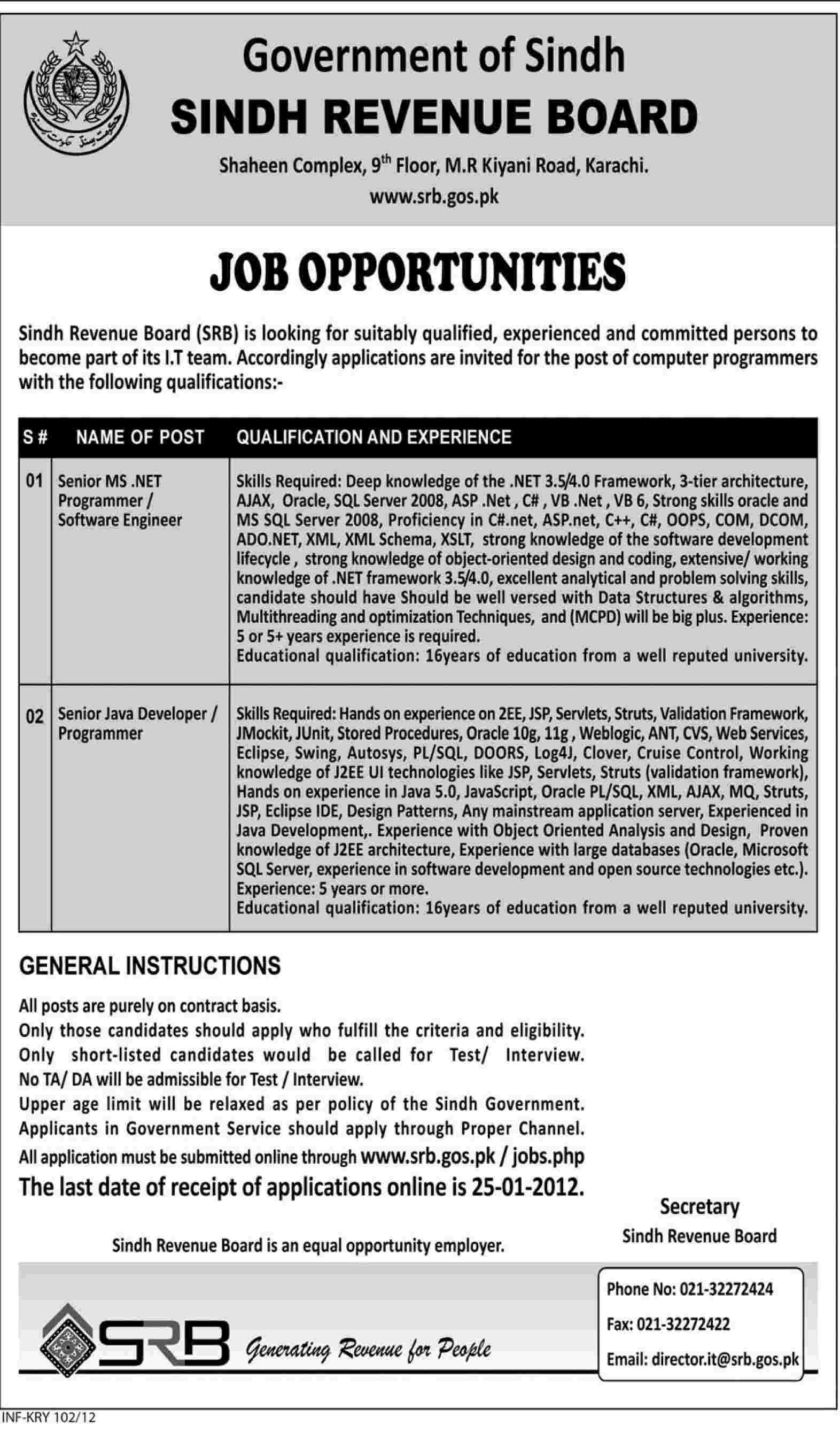 Sindh Revenue Board, Government of Sindh Jobs Opportunity