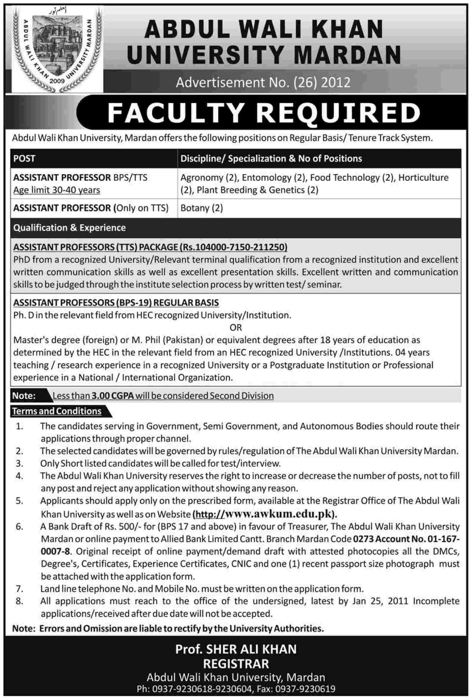 Abdul Khan Wali, University of Mardan Required Faculty