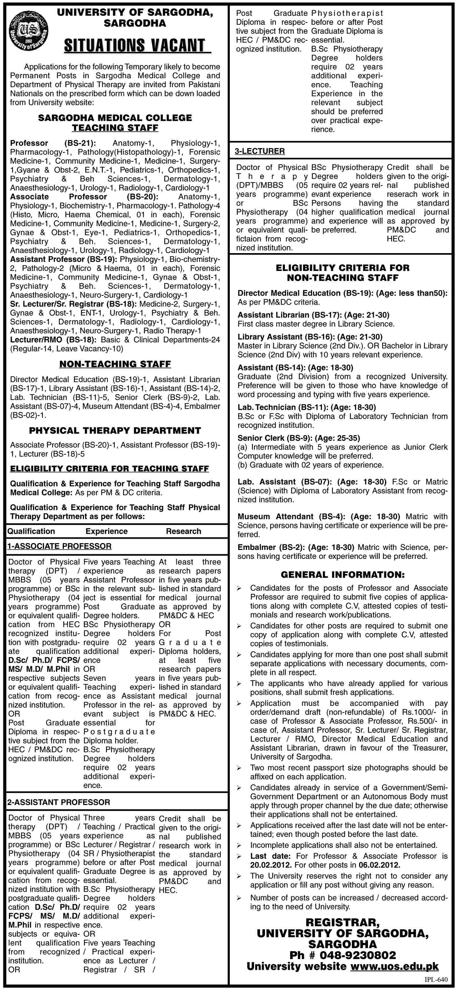 University of Sargodha Required Teaching and Non Teaching Staff