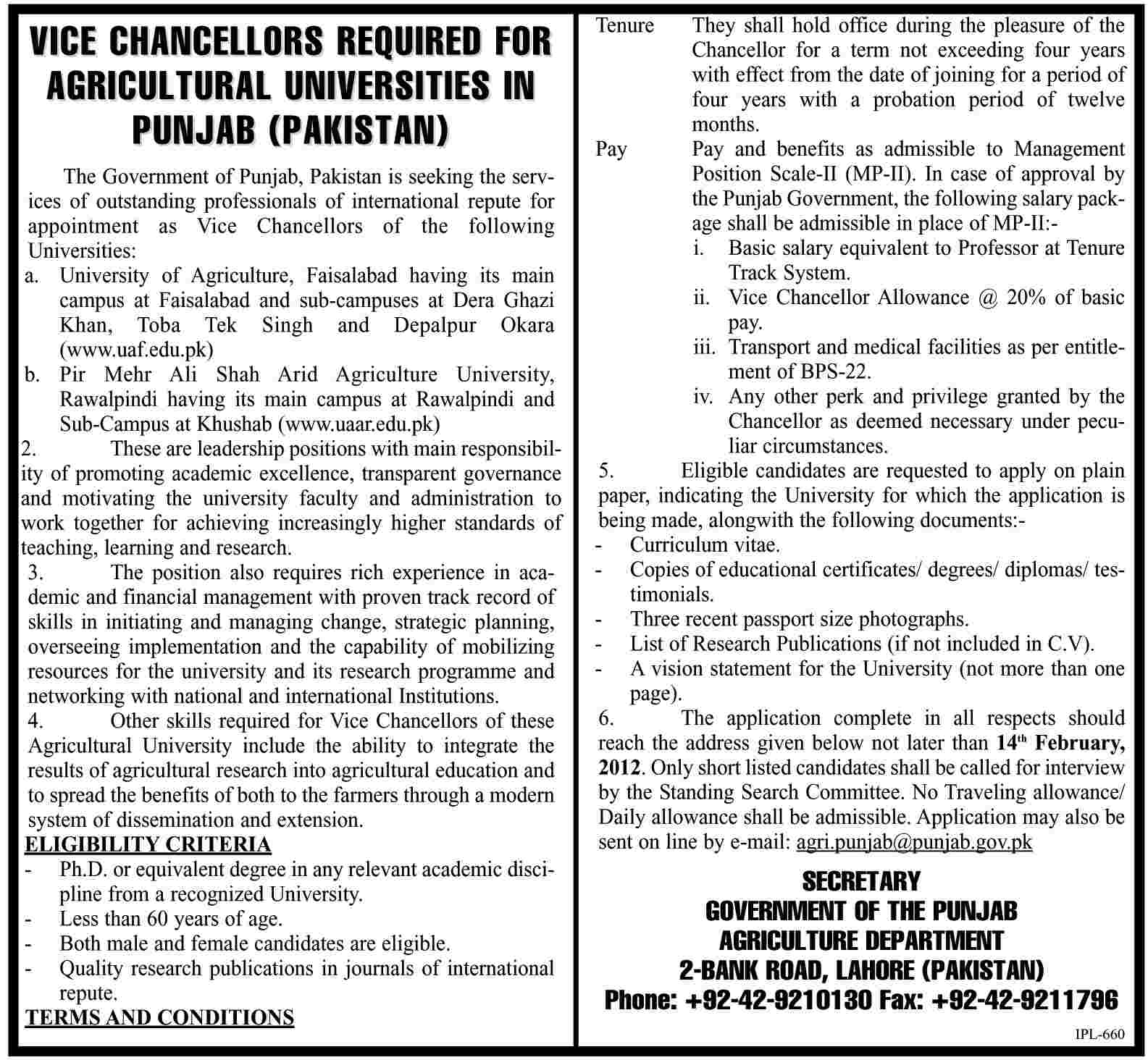 Agricultural Universities in Punjab (Pakistan) Required the Services of Vice Chancellors