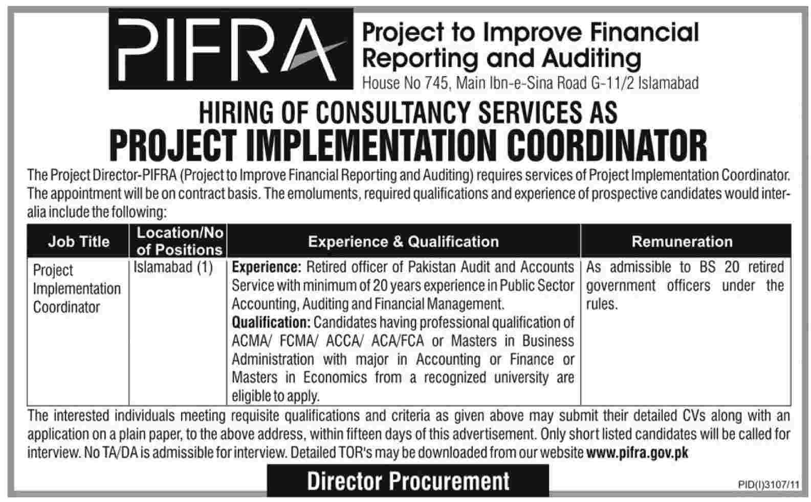 PIFRA Required the Services of Project Implementation Coordinator