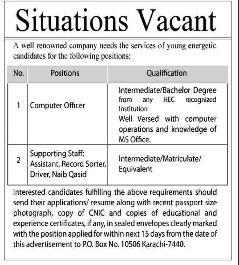 Computer Officer and Supporting Staff Required by a Company in Karachi