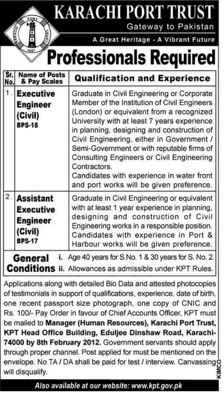 Karachi Port Trust Required Professionals