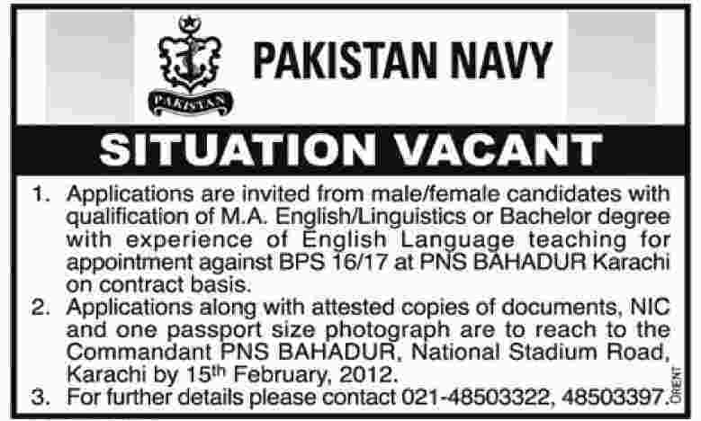 Pakistan Navy Required Female English Language Teacher