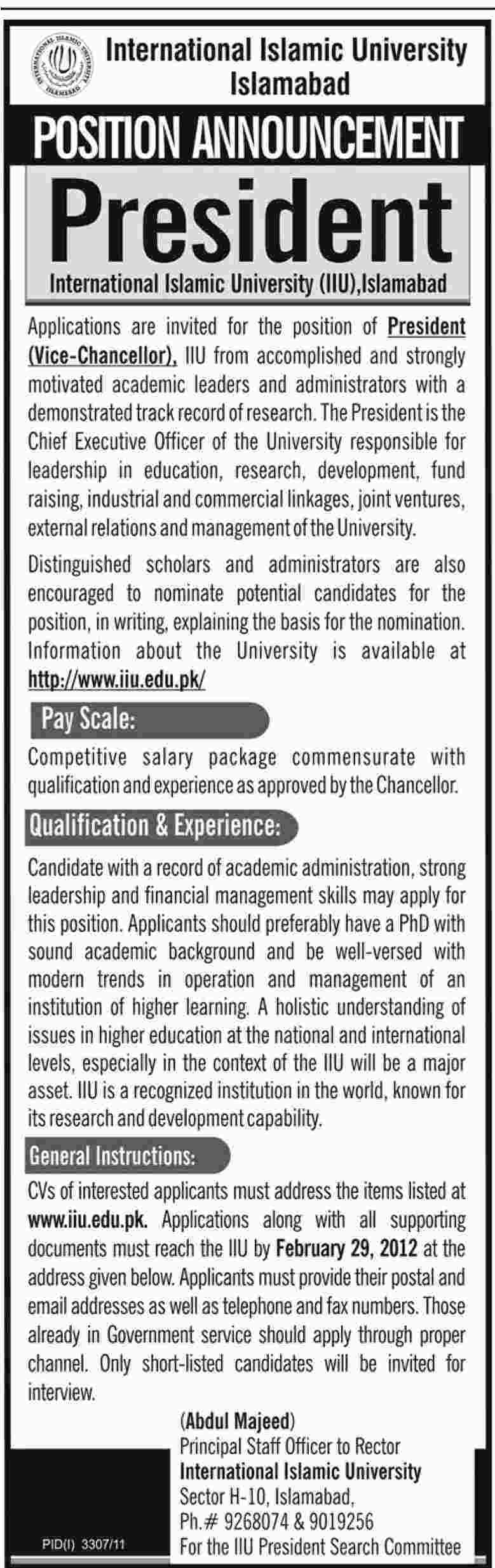 International Islamic University Islamabad Required the Services of President (Vice Chancellor)