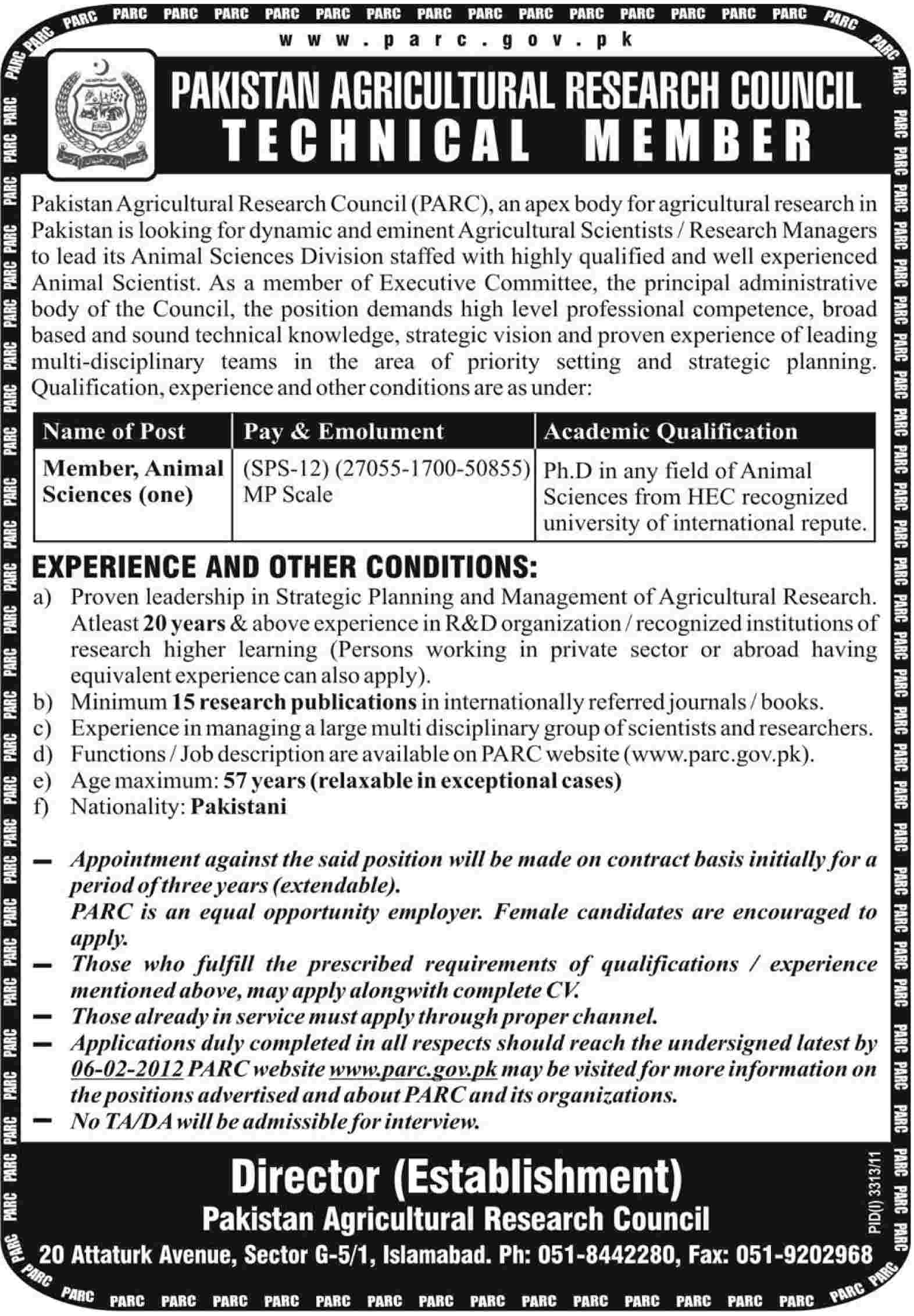 Pakistan Agriculture Research Council Required Technical Member