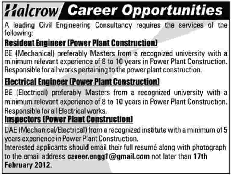 Halcrow Civil Engineering Consultancy Required Engineers and Inspectors