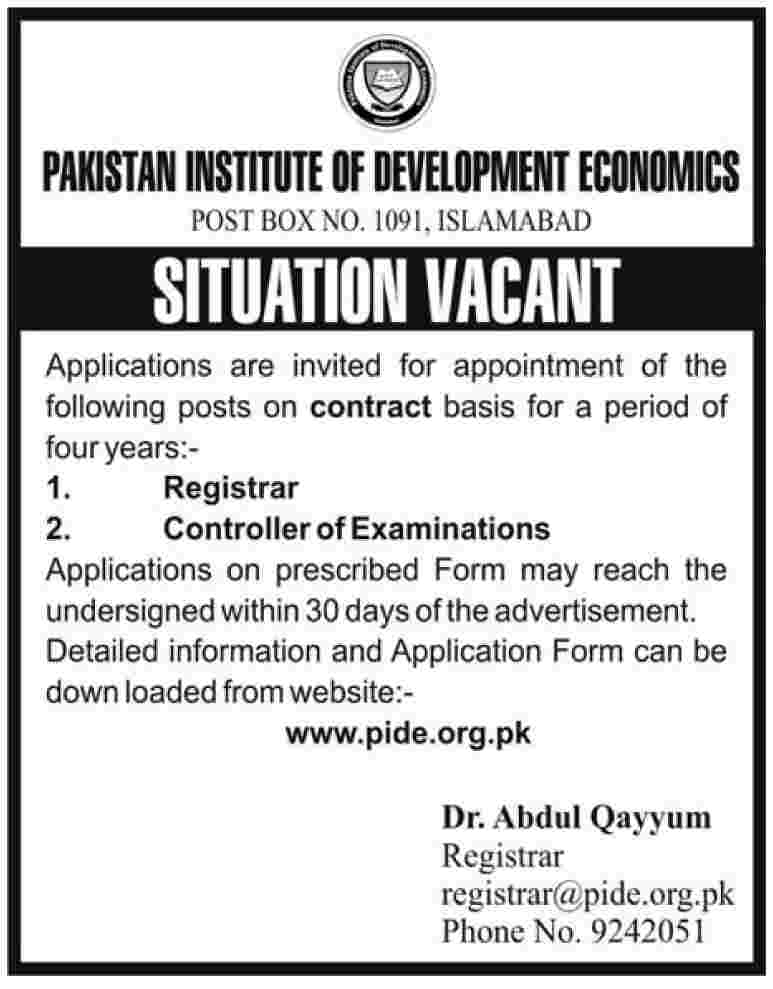 Pakistan Institute of Development Economics, Islamabad Required Registrar and Controller of Examination