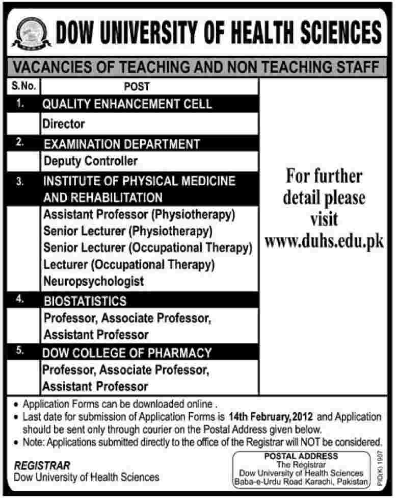 DOW University of Health Sciences Jobs Opportunity