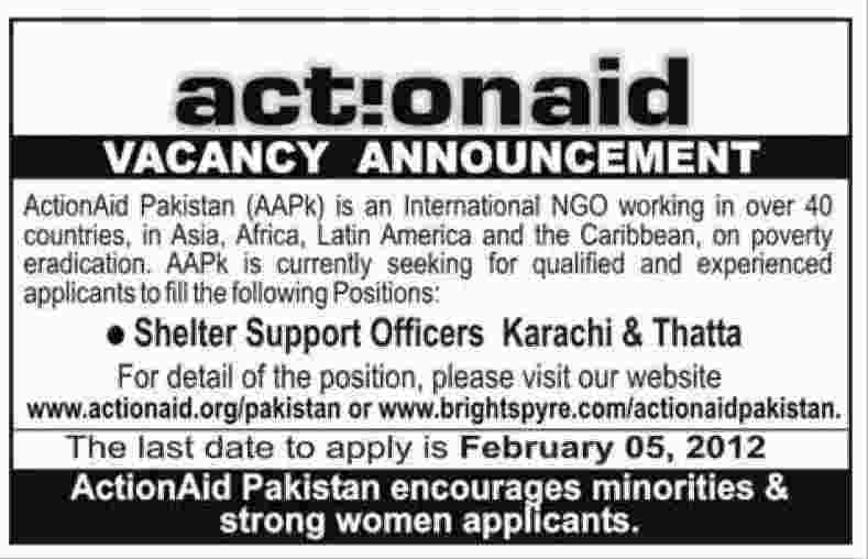 Action Aid Pakistan Required the Services of Shelter Support Officers