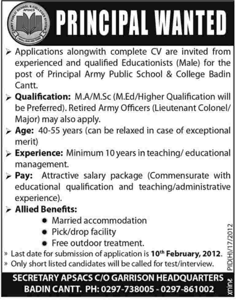 Principal Required Army Public School and College Badin Cantt