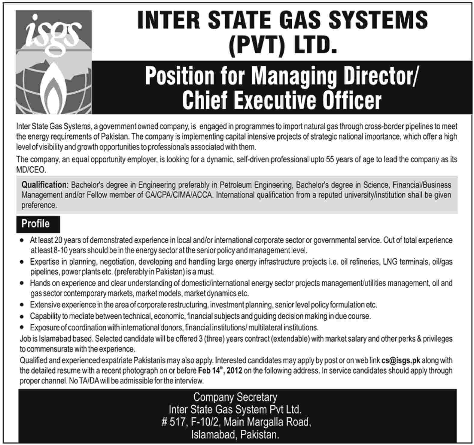 Inter State Gas Systems Pvt Ltd. Required the Services of Managing Director/Chief Executive Officer