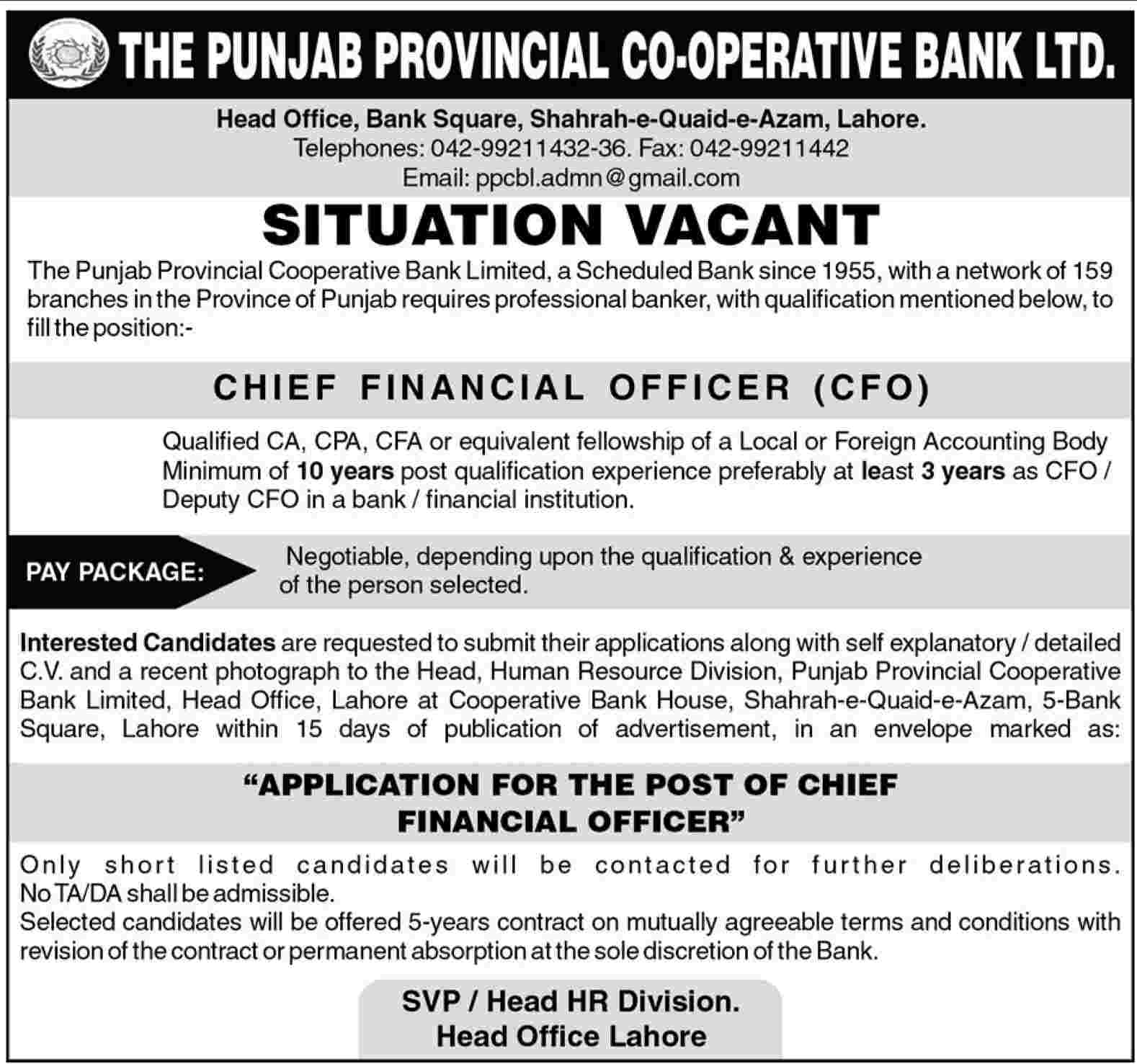 The Punjab Provincial Co-Operative Bank Ltd. Required the Services of Chief Financial Officer (CFO)