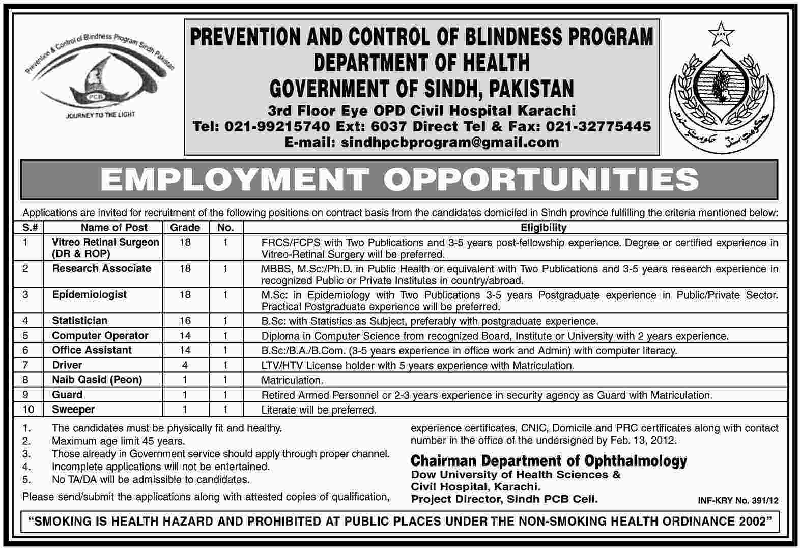 Prevention and Control of Blindness Program, Department of Health, Sindh Jobs Opportunity