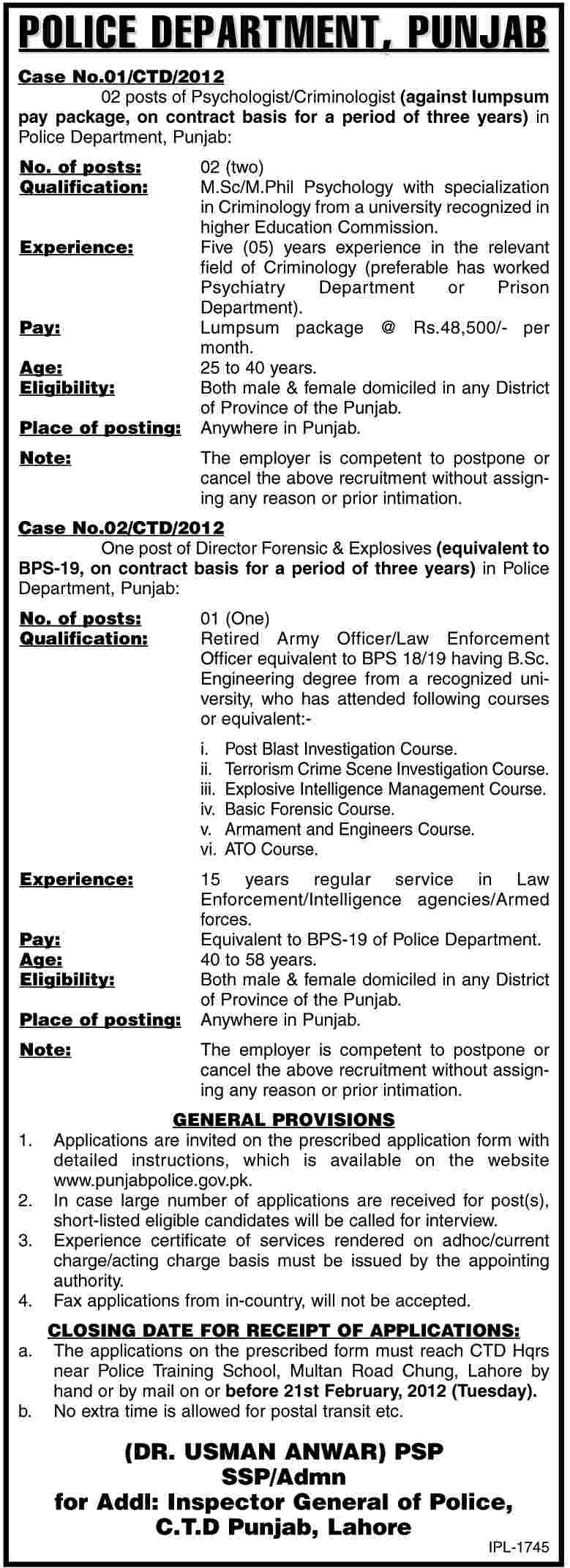 Police Department, Punjab Required the Services of Psychologist/Criminologist and Director Forensic & Explosives