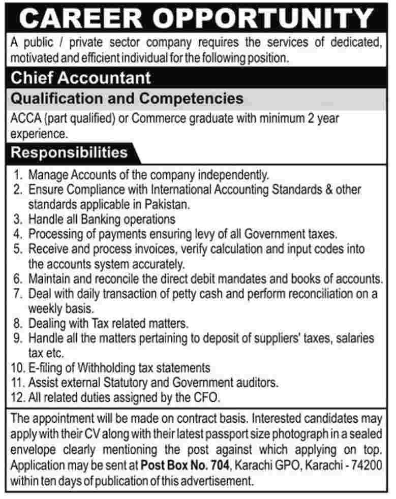 Chief Accountant Required in Karachi