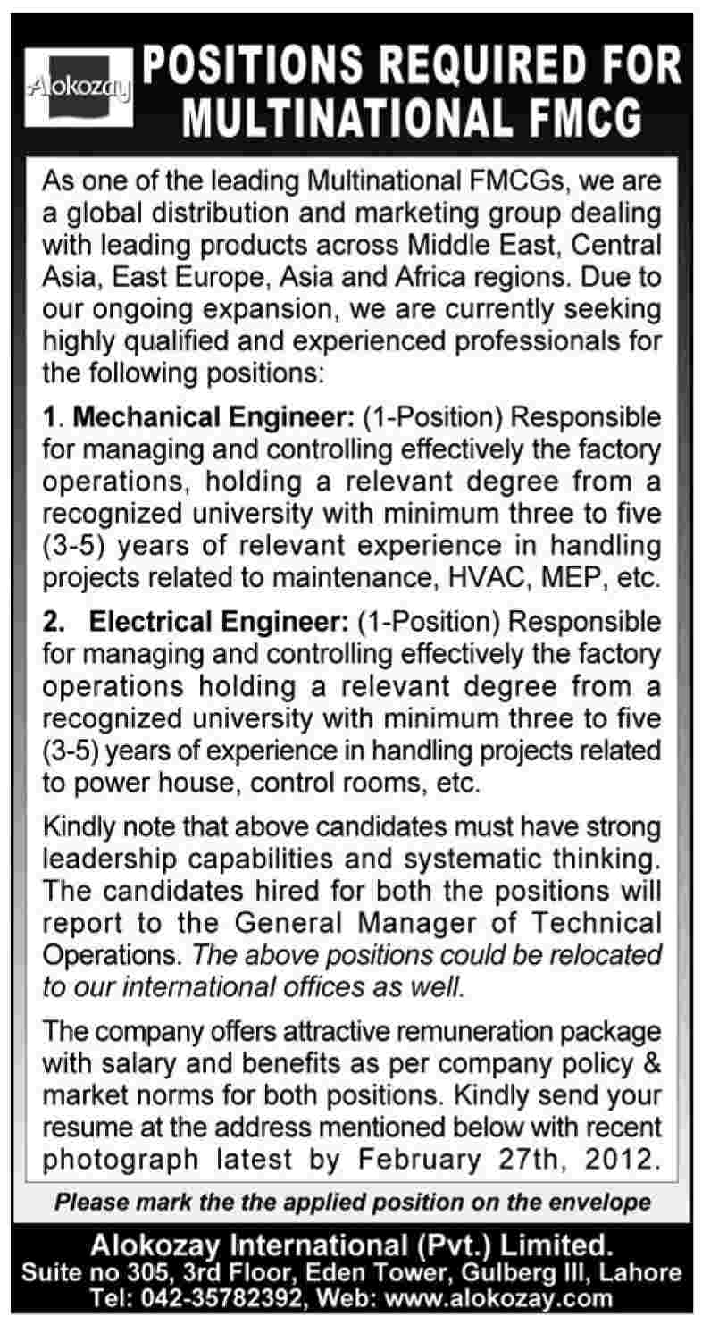 Mechanical and Electrical Engineers Required by a Multinational FMCG