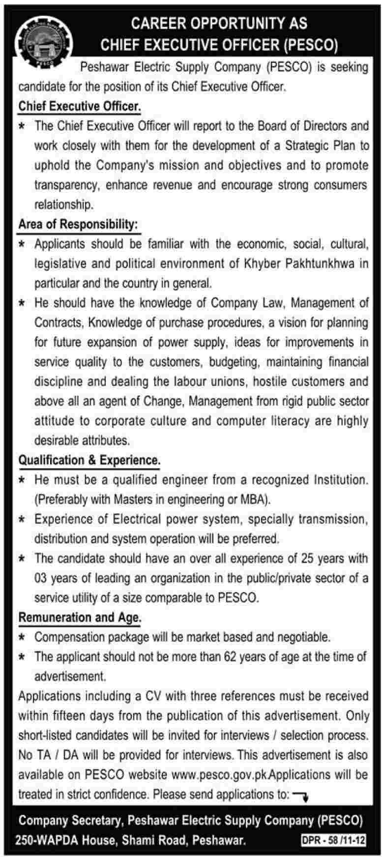 Peshawar Electric Supply Company (PESCO) Required the Services of Chief Executive Officer