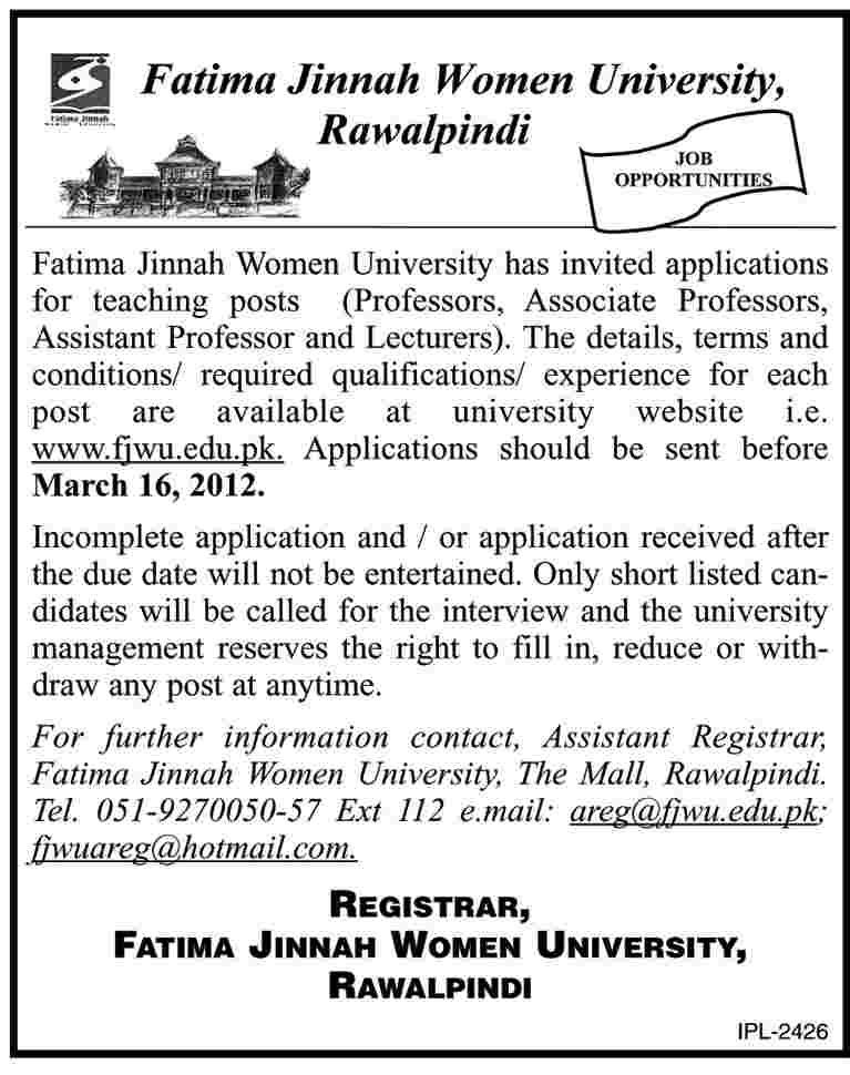 Fatima Jinnah Women University, Rawalpindi Jobs Opportunity