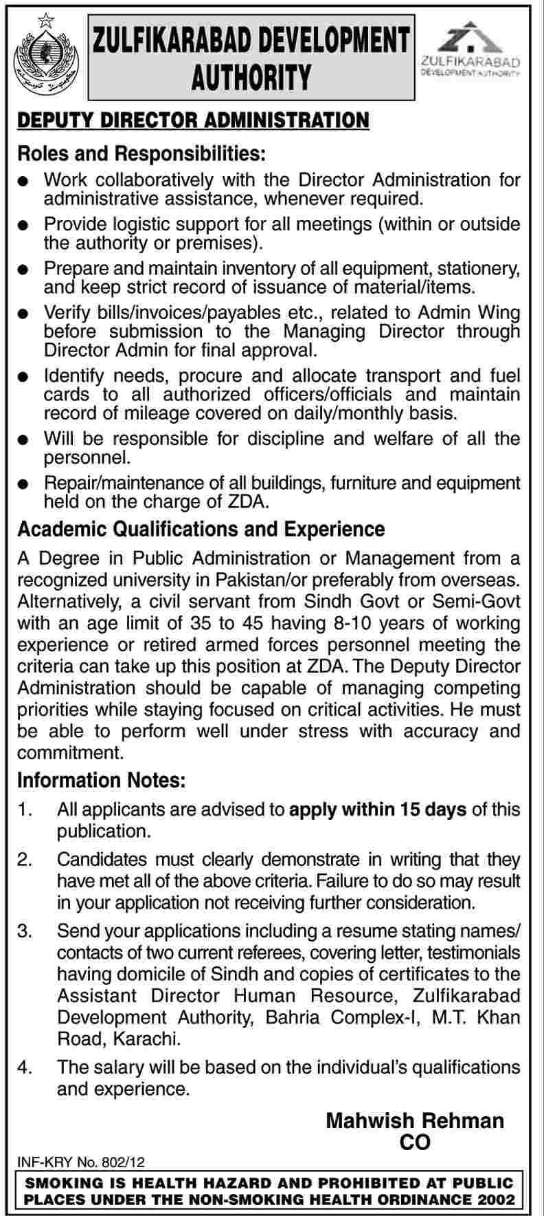 Zulfikarabad Development Authority Required Deputy Director Administration