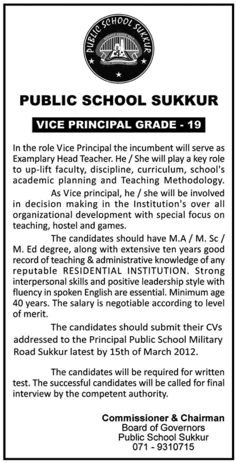 Public School Sukkur (Govt Jobs) Requires Vice Principal