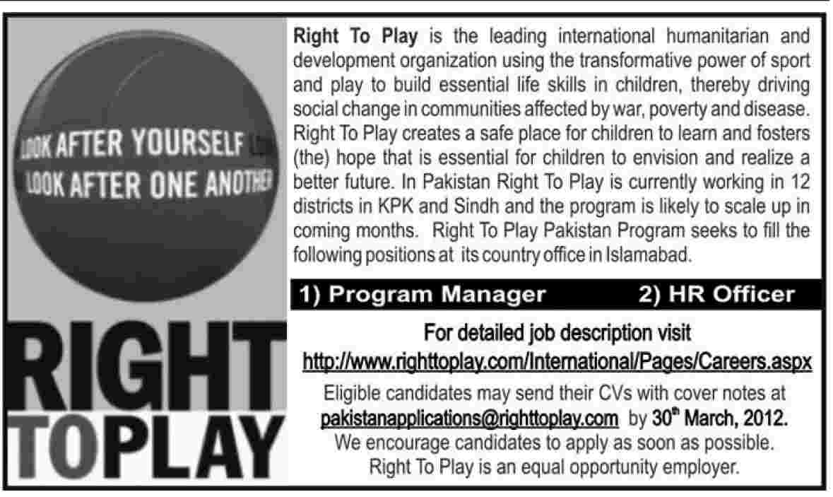 Right to Play (NGO Jobs) Requires Program Manager and HR Officer