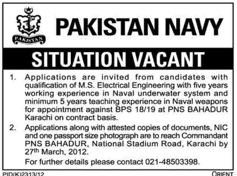 Pakistan Navy (Govt Jobs) Situation Vacant