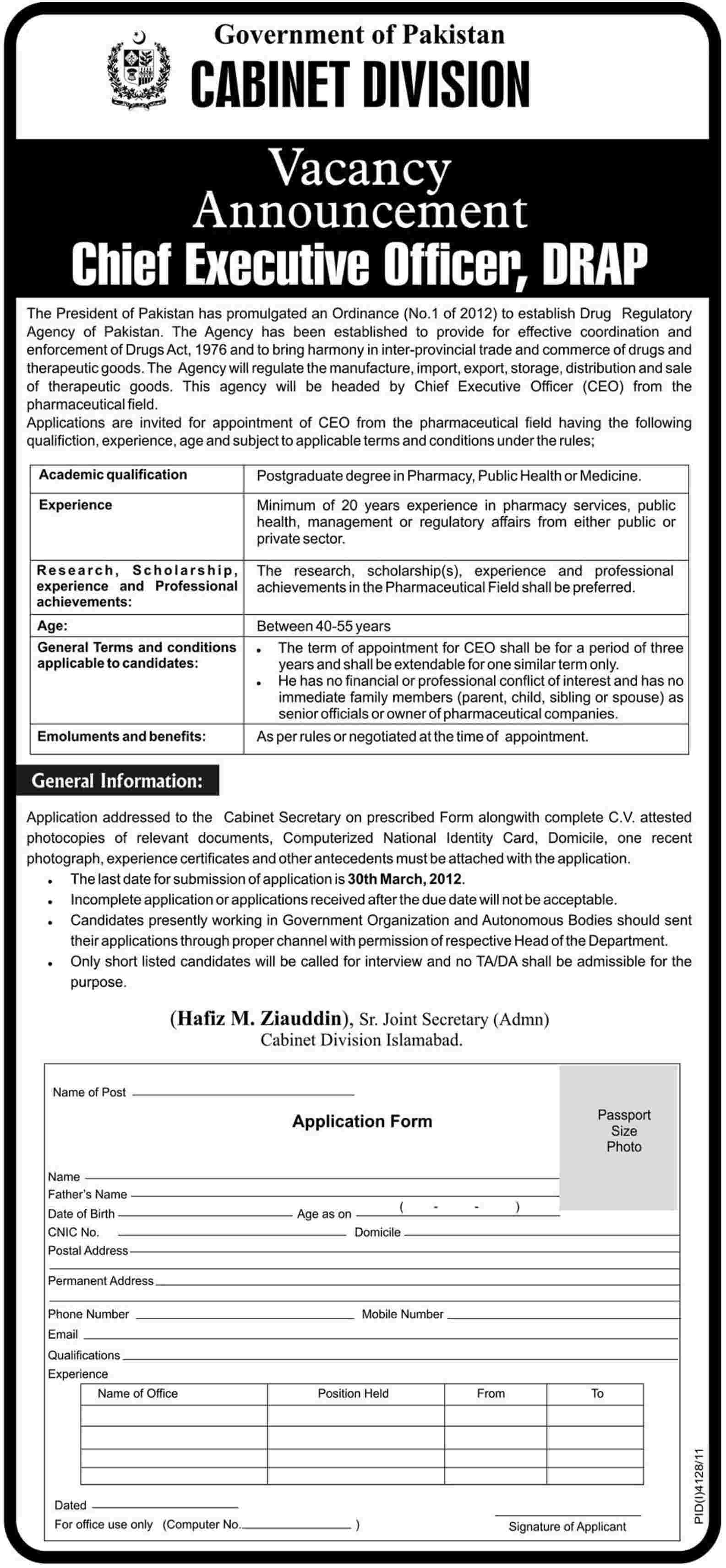 Cabinet Division (Govt Jobs) Requires Chief Executive Officer, DRAP