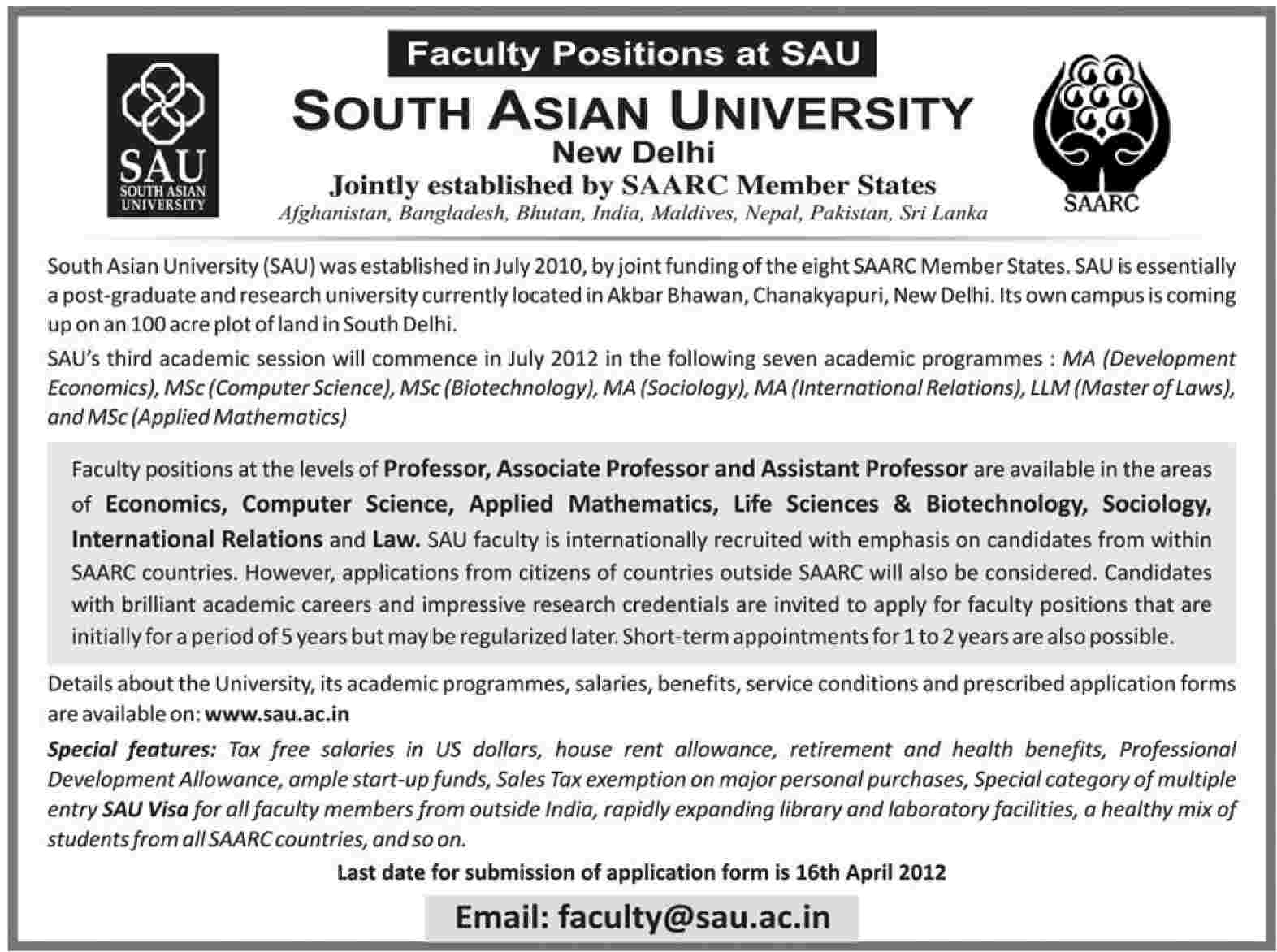 South Asian University Requires Faculty