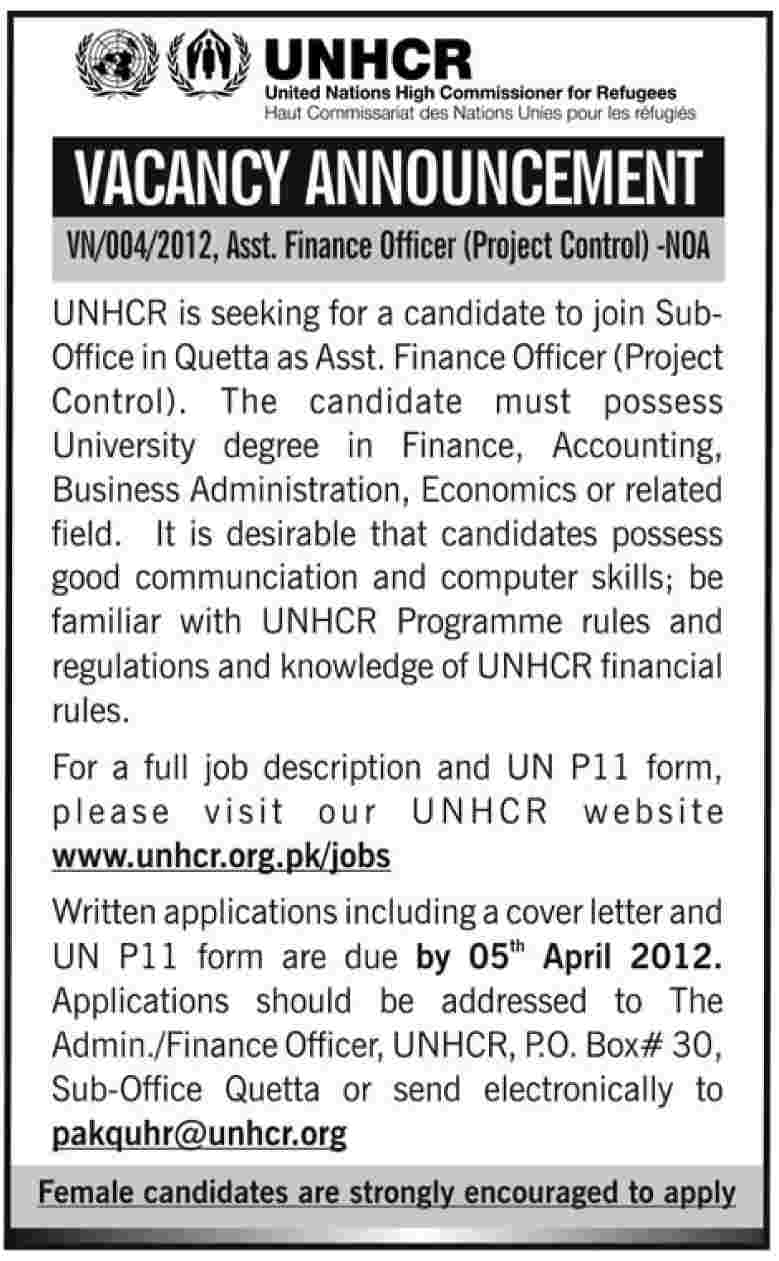 UNHCR (United Nations High Commissioner for Refugees Jobs) Requires Assistant Finance Officer