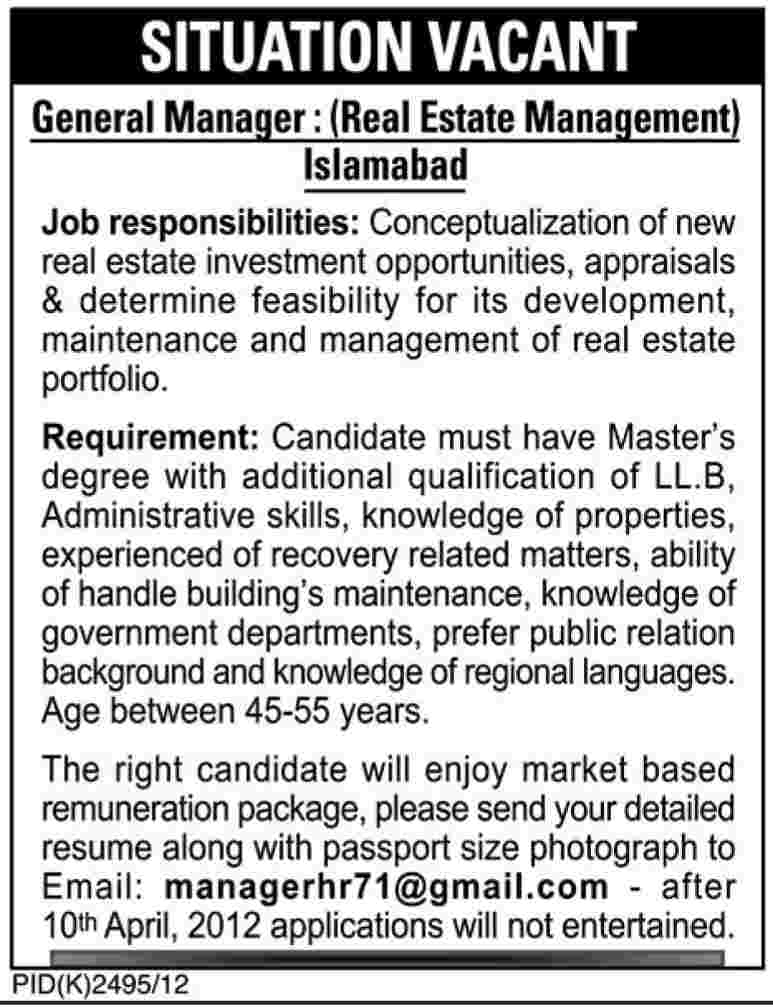 General Manager Required by Real Estate Management